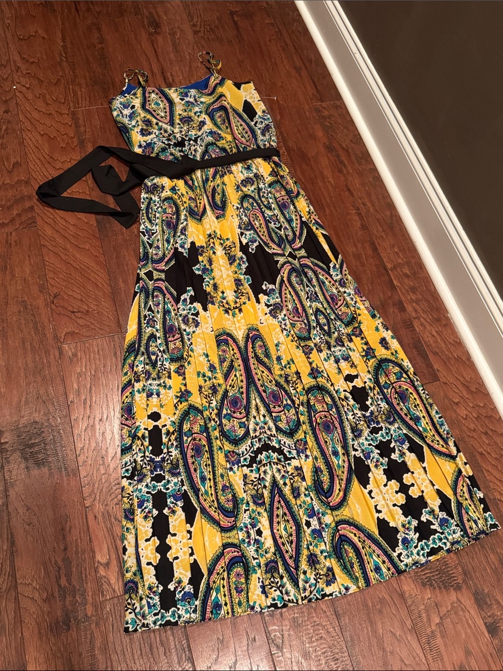 Collective Concepts Yellow Paisley Spaghetti-Strap Maxi Dress with Black Tie
